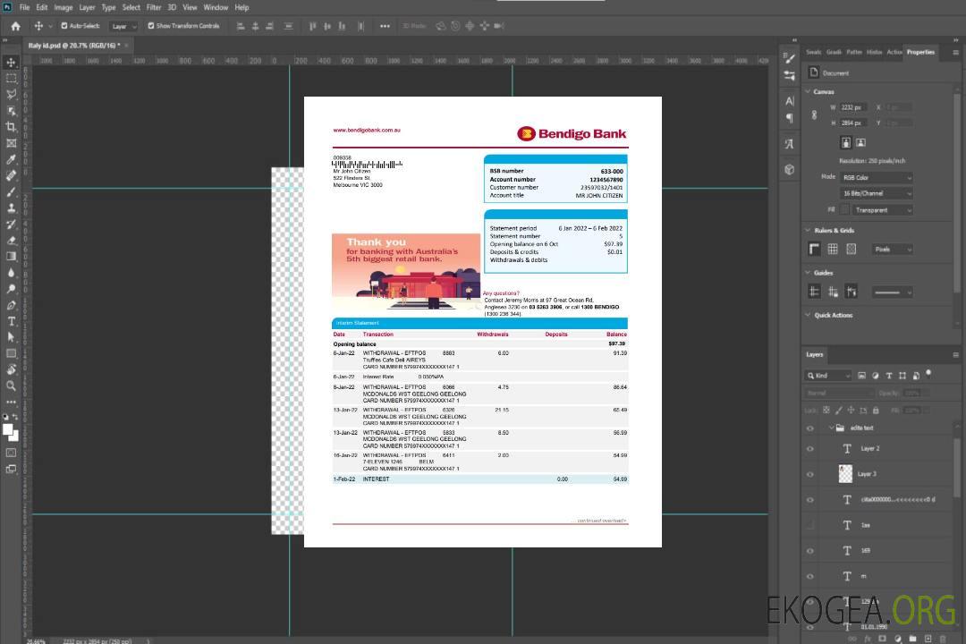 Modèle de relevé bancaire Australie Bendigo facile à remplir au format Excel et PDF, 2 pages template